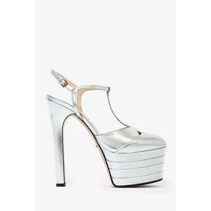 Gucci Silver Metallic Leather Platform T-Strap Heels Size 37.5